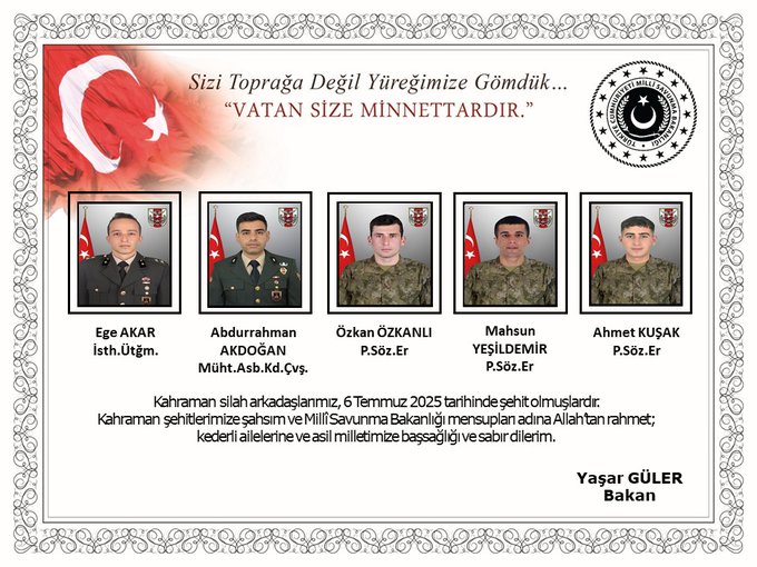 5 Kahraman Askerimiz Şehit Oldu