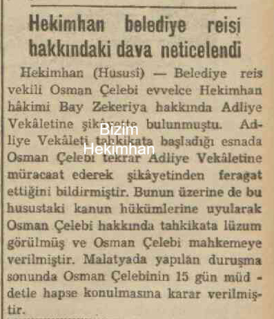Hekimhan Belediye Başkanı 1937'de Tutuklandı