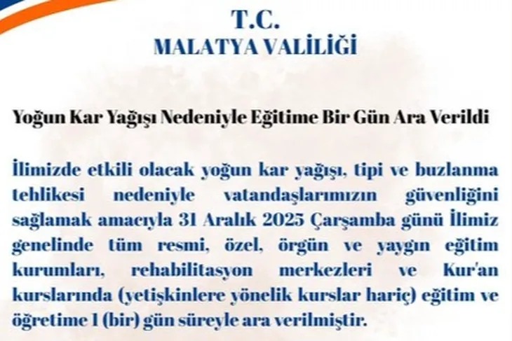 Malatya'da Okullar Bir Gün Tatil Edildi