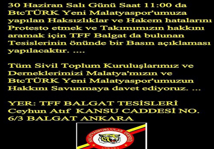 Malatyasporlular Derneği TFF'nu protesto edecek