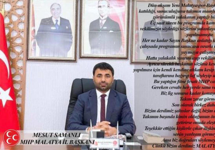 MHP İl Başkanı Samanlı'dan Yeni Malatyaspor açıklaması