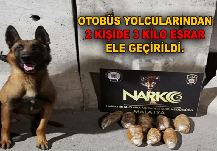 OTOBÜS YOLCULARINDAN 2 KİŞİDE 3 KİLO ESRAR ELE GEÇİRİLDİ.