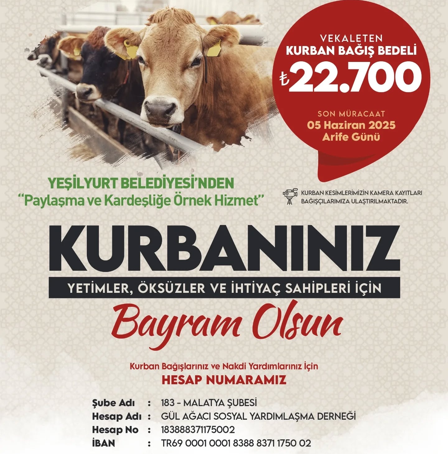 Yeşilyurt Belediyesi İhtiyaç Sahipleri İçin ‘Kurban Bağış’ İstedi