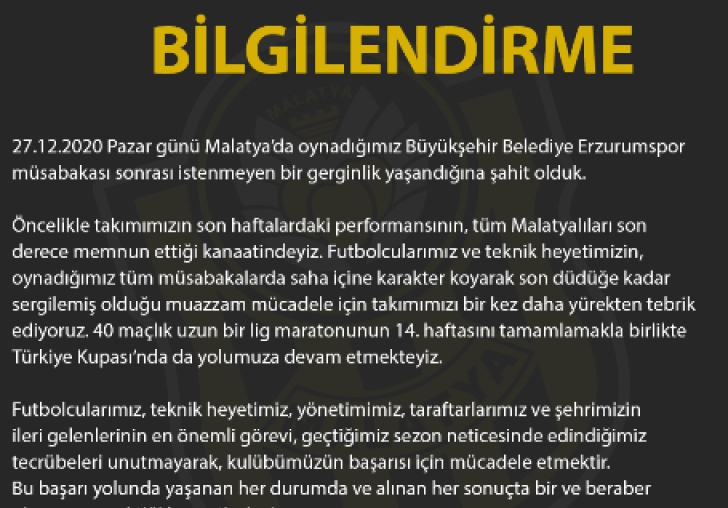 Yeni Malatyaspor Kulübünden Açıklama