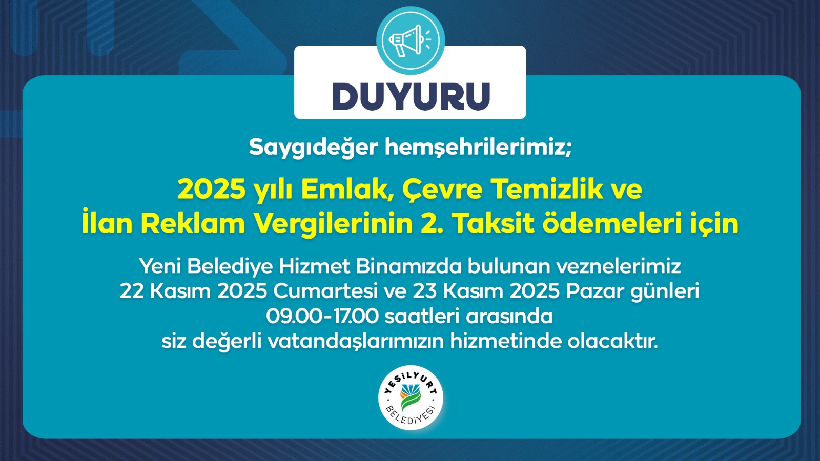 Yeşilyurt Belediyesi’nden Hafta Sonu Vezne Hizmeti!